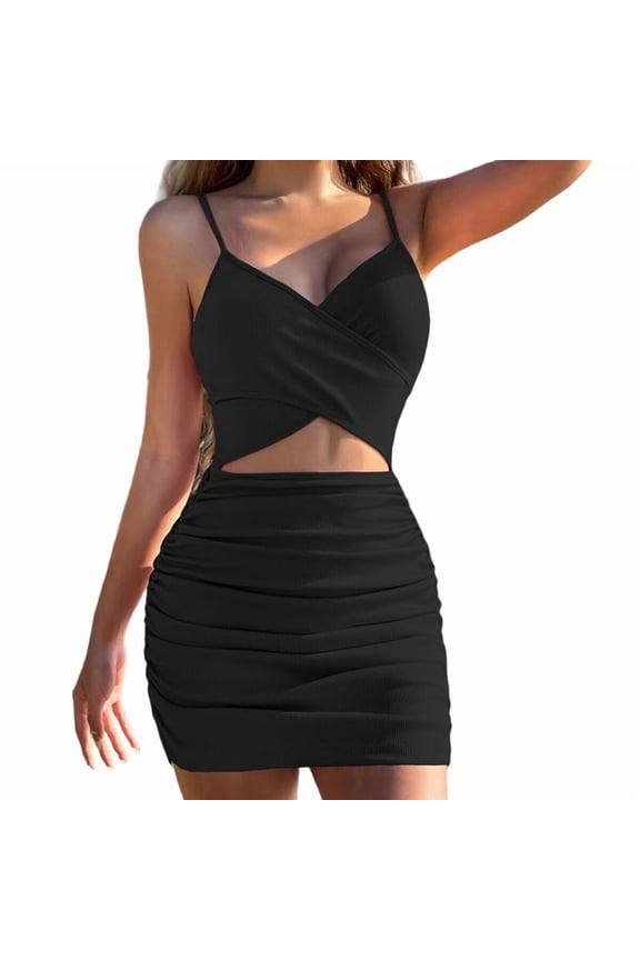 Women'S 2026 Bodycon Cut Out Ruched Backless Spaghetti Strap Mini Club Dresses Black M