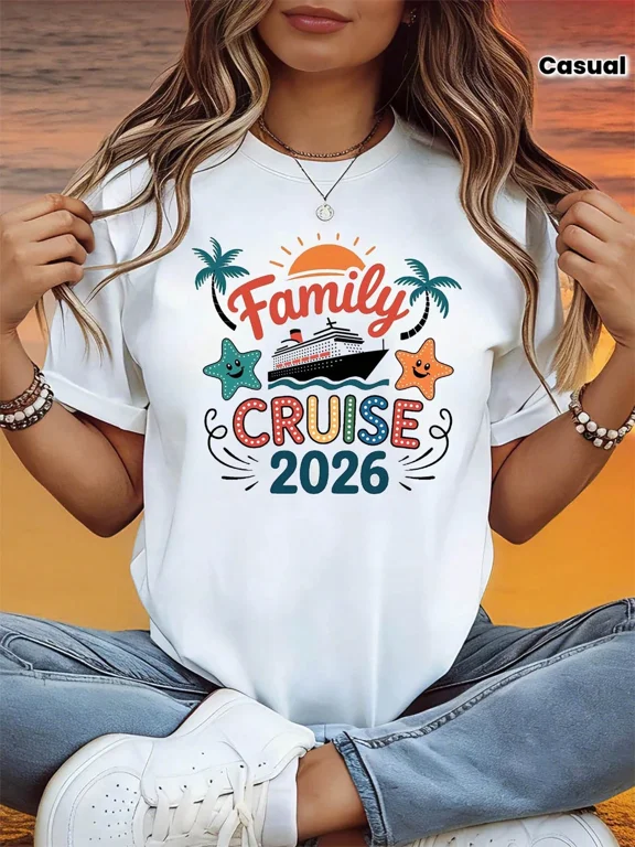 Women'S 2026 Family Cruise Theme T-Shirt | Cruise Ship & Starfish & Palm Tree & Slogan Decor Casual Short Sleeve, Colorful Orange-Blue Warm Vacation Family Cruise Travel Top