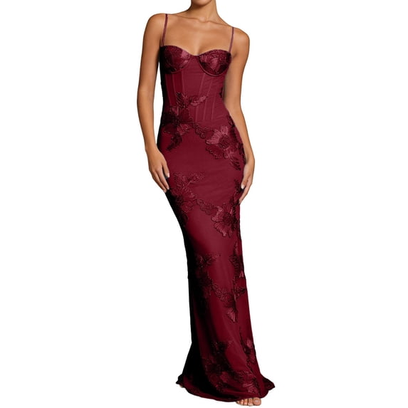 Women'S 2d Lace-Print Patchwork Dresses Floral Print Dress For Elegant Party Gown With V Neck And Flowy Skirt For Evening Events And Occasions Red M