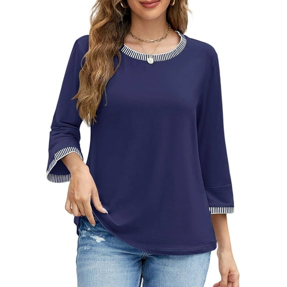Women'S 3/4 Length Sleeve Tops Dressy Casual Crew Neck Loose Trendy Spring Blouses T Shirts Aqua Blue XL