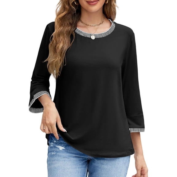 Women'S 3/4 Length Sleeve Tops Dressy Casual Crew Neck Loose Trendy Spring Blouses T Shirts Black L