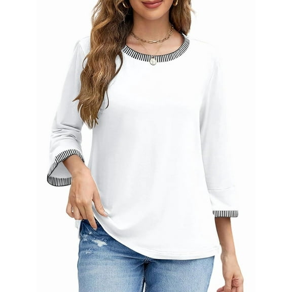 Women'S 3/4 Length Sleeve Tops Dressy Casual Crew Neck Loose Trendy Spring Blouses T Shirts White M