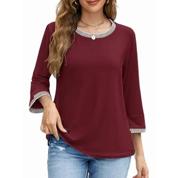Women'S 3/4 Length Sleeve Tops Dressy Casual Crew Neck Loose Trendy Spring Blouses T Shirts Wine Red M