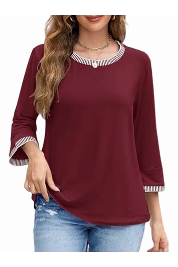Women'S 3/4 Length Sleeve Tops Dressy Casual Crew Neck Loose Trendy Spring Blouses T Shirts Wine Red S