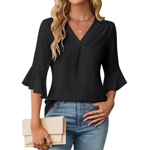 Women'S 3/4 Length Sleeve Tops Summer Dressy Casual Blouses Work Shirts Chiffon V Neck Outfits Black S