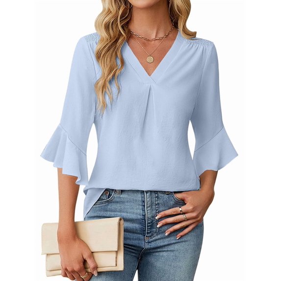 Women'S 3/4 Length Sleeve Tops Summer Dressy Casual Blouses Work Shirts Chiffon V Neck Outfits Light Blue S