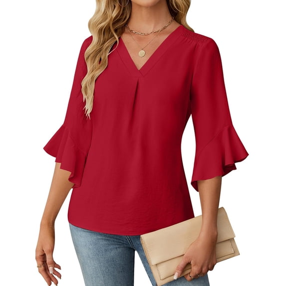 Women'S 3/4 Length Sleeve Tops Summer Dressy Casual Blouses Work Shirts Chiffon V Neck Outfits Red XXL
