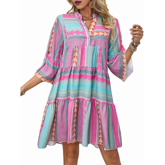 Women'S 3/4 Long Sleeve Dresses Casual V Neck Print Button Flowy Boho Mini Beach Dress As Shown S