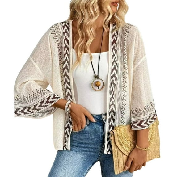 Women'S 3/4 Sleeve Boho Cardigan Geo Printed Open Front Jackets Outerwear Khaki S
