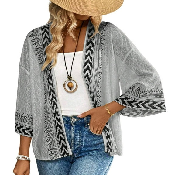 Women'S 3/4 Sleeve Boho Cardigan Geo Printed Open Front Jackets Outerwear Light Gray L