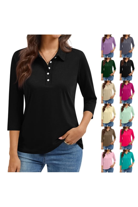 Women'S 3/4 Sleeve Collared Button Down Polo Shirts Golf Tee Casual Work T Shirts,Black L