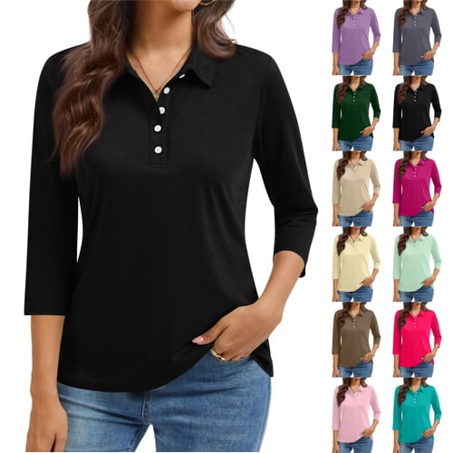 Women'S 3/4 Sleeve Collared Button Down Polo Shirts Golf Tee Casual Work T Shirts,Black M
