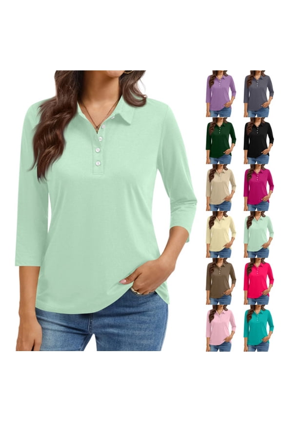 Women'S 3/4 Sleeve Collared Button Down Polo Shirts Golf Tee Casual Work T Shirts,Mint Green M