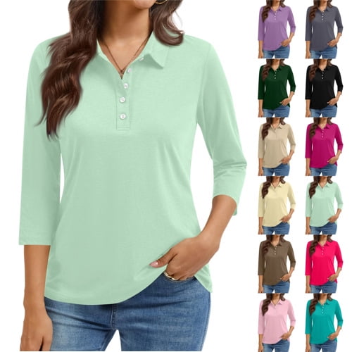 Women'S 3/4 Sleeve Collared Button Down Polo Shirts Golf Tee Casual Work T Shirts,Mint Green Xl