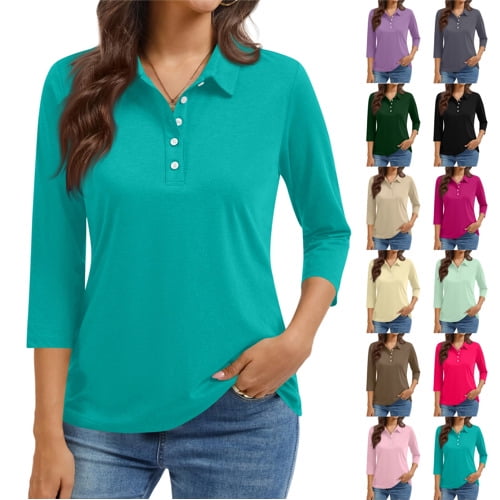 Women'S 3/4 Sleeve Collared Button Down Polo Shirts Golf Tee Casual Work T Shirts,Turquoise 3Xl