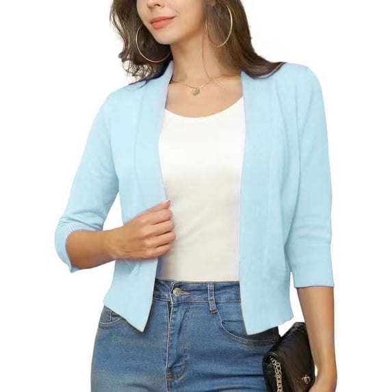 Women'S 3/4 Sleeve Cropped Cardigan Sweater Elegant Shrugs For Women Simple And Versatile Short Powder blue M