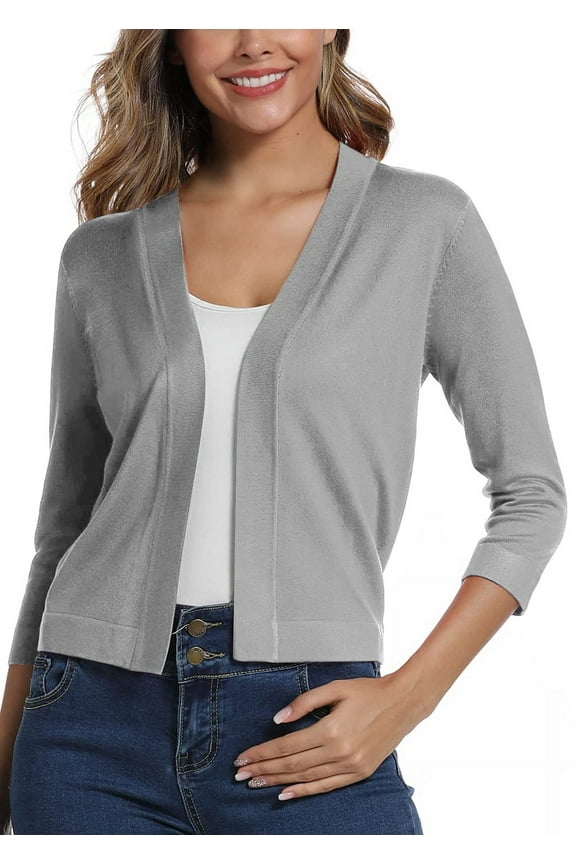 Women's Cropped Cardigan 3/4 Sleeve Spring Fall Sweater Solid Color Grey L