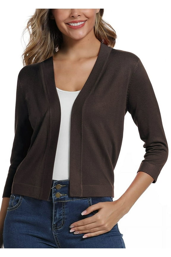 Women'S 3/4 Sleeve Cropped Cardigan Sweater Elegant Shrugs for Women Light Coffee XL