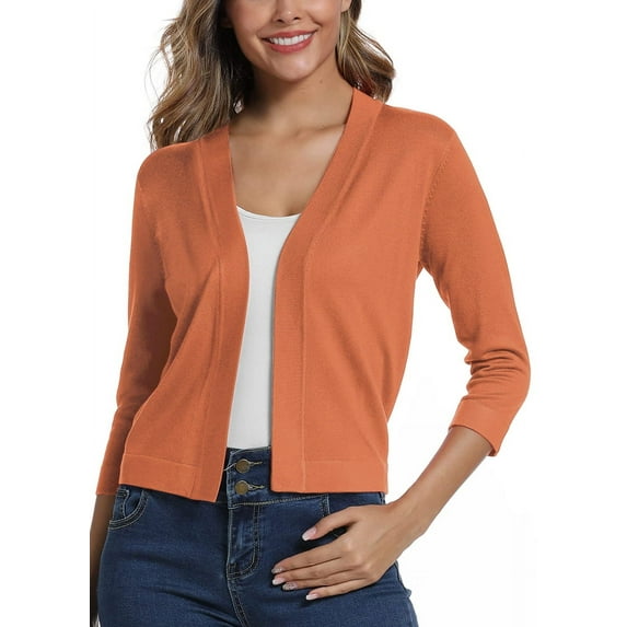 Women'S 3/4 Sleeve Cropped Cardigan Sweater Elegant Shrugs for Women Orange Color M