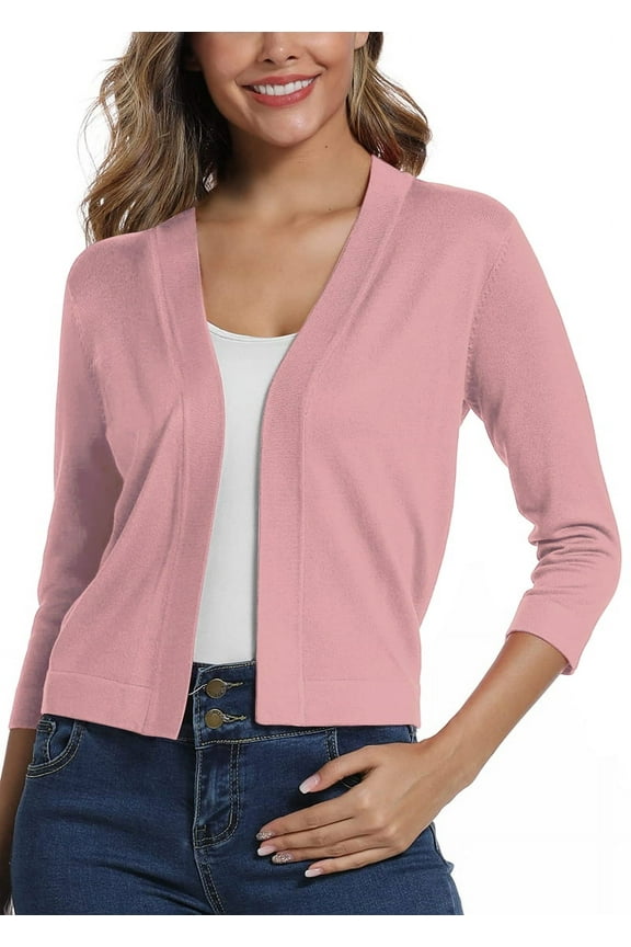 Women'S 3/4 Sleeve Cropped Cardigan Sweater Elegant Shrugs for Women Pink L