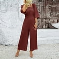 thumbnail image 1 of Women'S 3/4 Sleeve Jumpsuits Rsquare Neck Dressy Rompers Lace-Up High Waist Straight Casual Leg Bodysuits Brown XL, 1 of 7