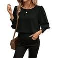 thumbnail image 1 of Women'S 3/4 Sleeve Round Neck Blouses Elastic Waist Hem Smocked Shirts Casual Solid Tops Black XXXL, 1 of 9