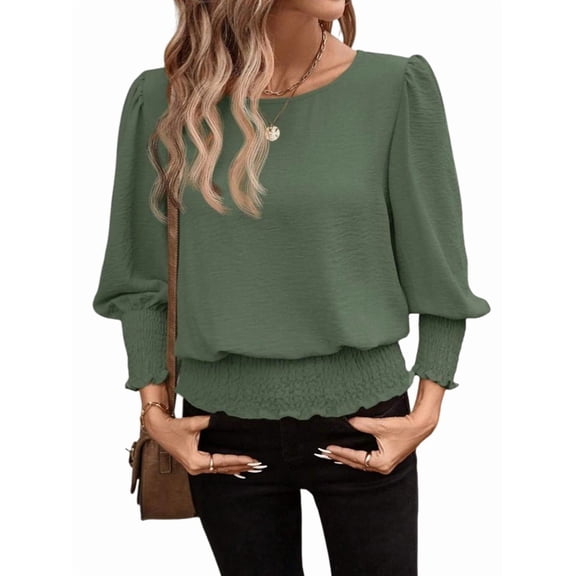 Women'S 3/4 Sleeve Round Neck Blouses Elastic Waist Hem Smocked Shirts Casual Solid Tops Green L