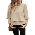 thumbnail image 1 of Women'S 3/4 Sleeve Round Neck Blouses Elastic Waist Hem Smocked Shirts Casual Solid Tops Khaki L, 1 of 9