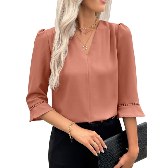 Women'S 3/4 Sleeve Tops Dressy Casual Pleated V Neck Business Work Blouses Office Shirts Brownish-Yellow L