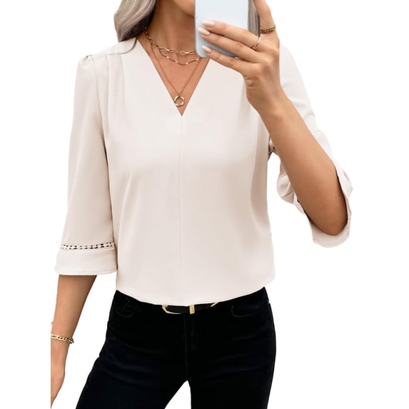 Women'S 3/4 Sleeve Tops Dressy Casual Pleated V Neck Business Work Blouses Office Shirts Cream White L