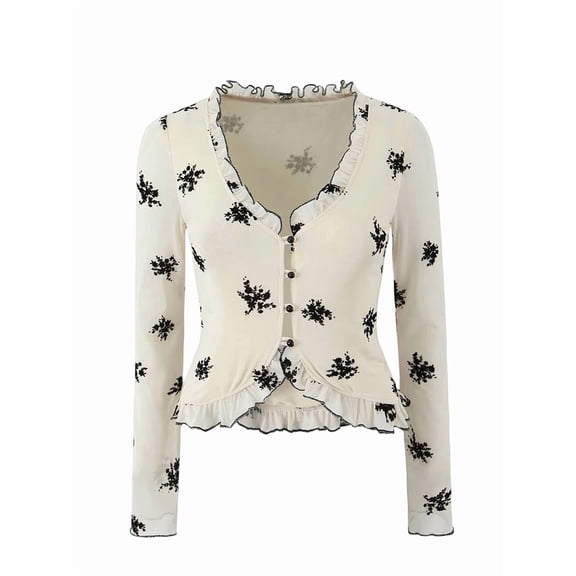 Women'S 3/4 Sleeve V-Neck Button Down Cherries Embroidery Cropped Cardigan Sweater Coat Floral Print L