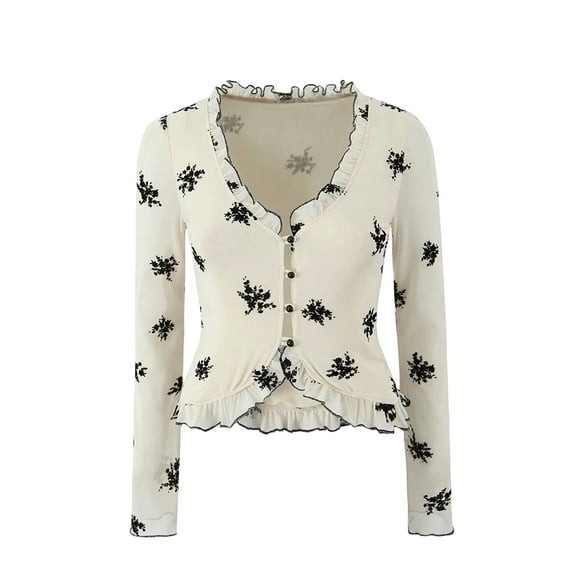 Women'S 3/4 Sleeve V-Neck Button Down Cherries Embroidery Cropped Cardigan Sweater Coat Floral Print M