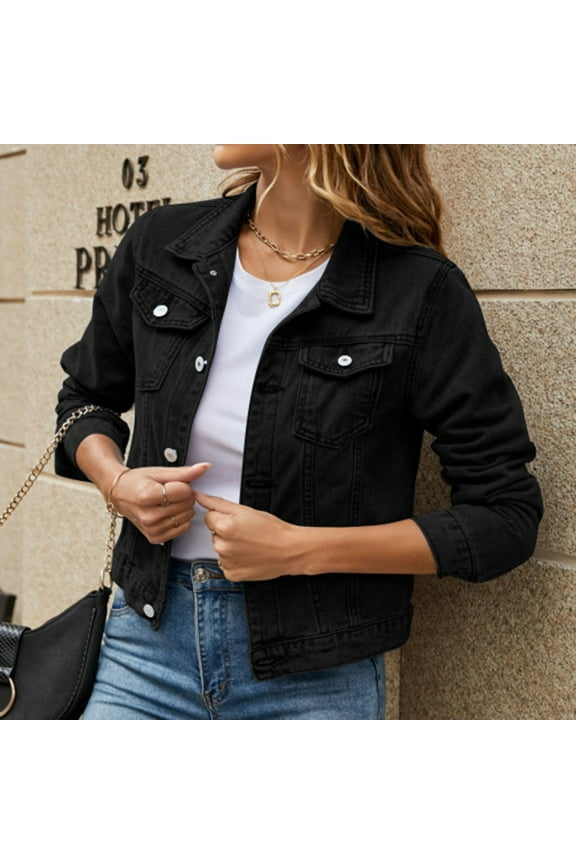 Women'S 3/4 Slim Sleeve Denim Jacket Lapel Basic Button Down Trucker Colored Cropped Jeans Jacket Washed Coat Black S