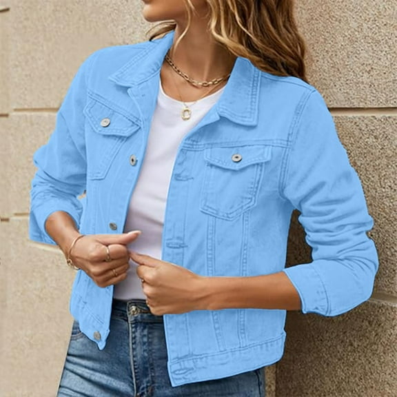 Women'S 3/4 Slim Sleeve Denim Jacket Lapel Basic Button Down Trucker Colored Cropped Jeans Jacket Washed Coat Light Blue 2XL
