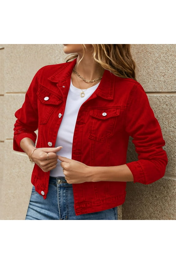 Women'S 3/4 Slim Sleeve Denim Jacket Lapel Basic Button Down Trucker Colored Cropped Jeans Jacket Washed Coat Red L