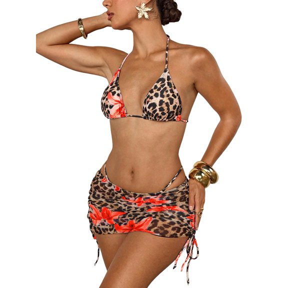 Women'S 3 Piece Floral Leopard Print Bikini Sets Halter Triangle Swimsuit with Mesh Cover Up Skirt Red XL