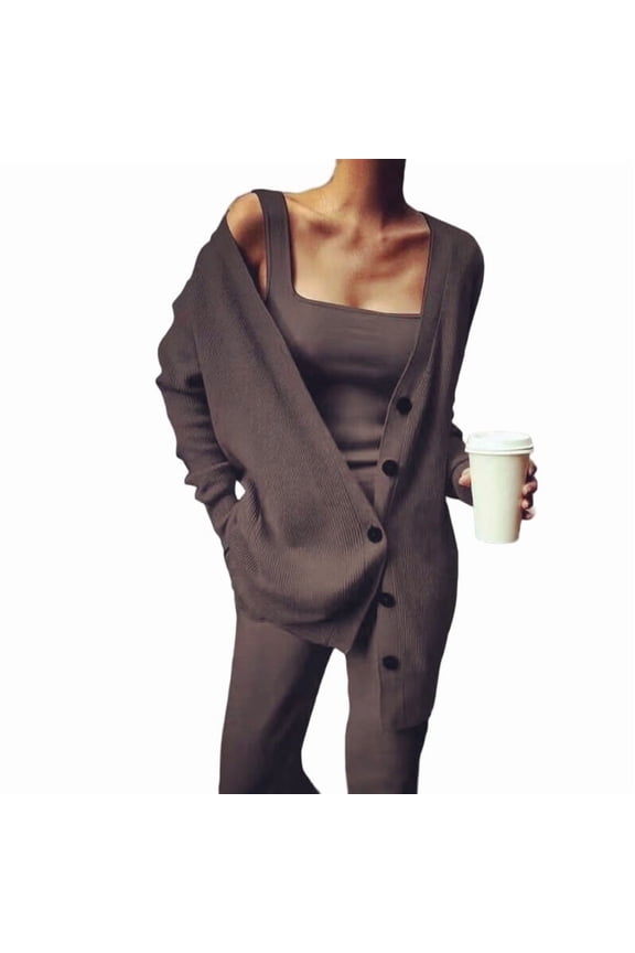 Women'S 3 Piece Knit Lounge Set Long Sleeve Cardigan Sleeveless Top Pants Sweatsuit Deep Coffee L