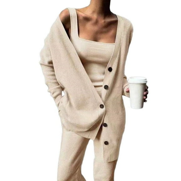 Women'S 3 Piece Knit Lounge Set Long Sleeve Cardigan Sleeveless Top Pants Sweatsuit Khaki S