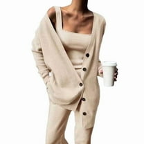 Women'S 3 Piece Knit Lounge Set Long Sleeve Cardigan Sleeveless Top Pants Sweatsuit Khaki XXXL