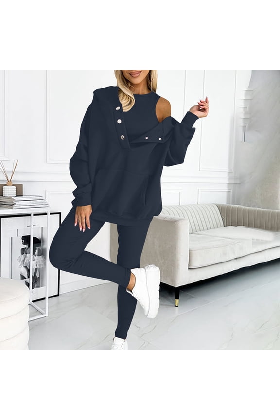 Women'S 3 Piece Sweat Suit Solid Color Hoodie And Casual Comfortable Leggings Tracksuits Blue M
