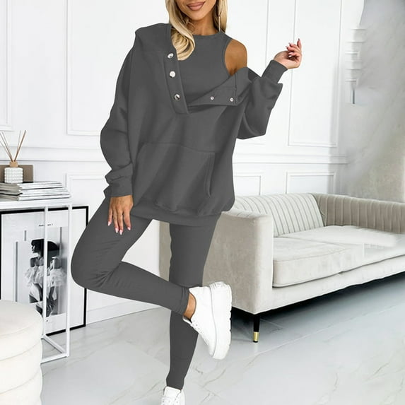 Women'S 3 Piece Sweat Suit Solid Color Hoodie And Casual Comfortable Leggings Tracksuits Dark Gray L