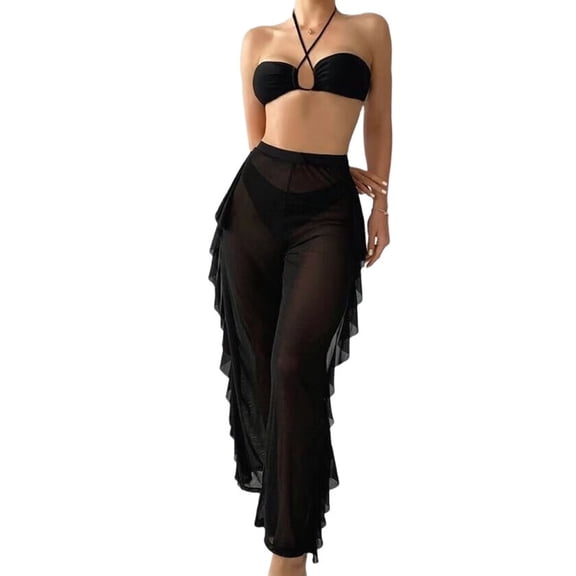Women'S 3 Piece Swimsuit Shoulder High Waisted Bikini Set Bathing Suit with Cover Up Pants Black L