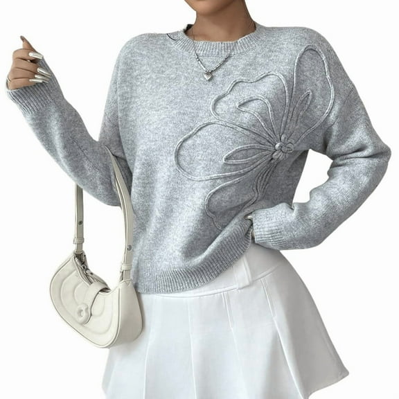 Women'S 3D Floral Appliques Crewneck Sweaters Long Sleeve Drop Shoulder Pullovers Elegant Knit Tops Gray M