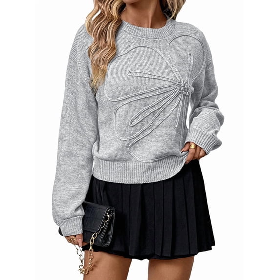 Women'S 3D Floral Appliques Crewneck Sweaters Long Sleeve Drop Shoulder Pullovers Elegant Knit Tops Grey L