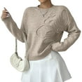 thumbnail image 1 of Women'S 3D Floral Appliques Crewneck Sweaters Long Sleeve Drop Shoulder Pullovers Elegant Knit Tops Khaki S, 1 of 8