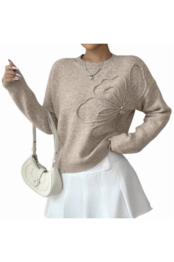 Women'S 3D Floral Appliques Crewneck Sweaters Long Sleeve Drop Shoulder Pullovers Elegant Knit Tops Khaki S
