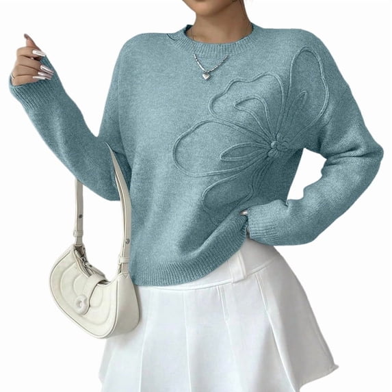 Women'S 3D Floral Appliques Crewneck Sweaters Long Sleeve Drop Shoulder Pullovers Elegant Knit Tops Sky Blue L