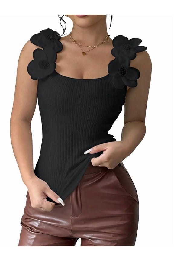 Women'S 3D Floral Fitted Tank Top Pearl Crew Neck Sleeveless Tops