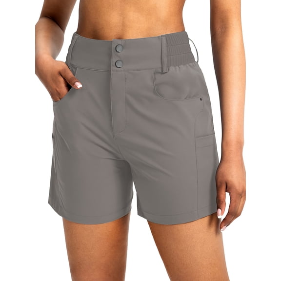 Women'S 5-Inch Hiking Golf Shorts with Pockets,Light Grey,High-Waisted Stretch Cargo Shorts for Casual Summer Wear.