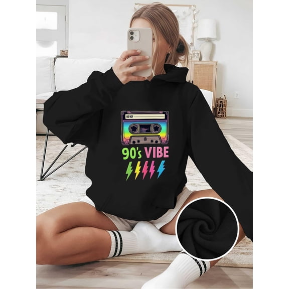 Women'S 90s Hip Hop Cassette Graphic Hoodie - Retro 90s Vibe Sweatshirt with Front Pocket, Non-Stretch Hooded Pullover for Women, Vintage 90s Streetwear, Cozy Fall/Winter Outfit (Casual Everyday & Th